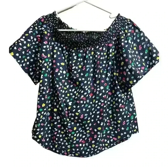 J.Crew Navy Blue Multi Confetti Ratti Happy Cat Print Off the Shoulder Top 8 - Picture 1 of 7